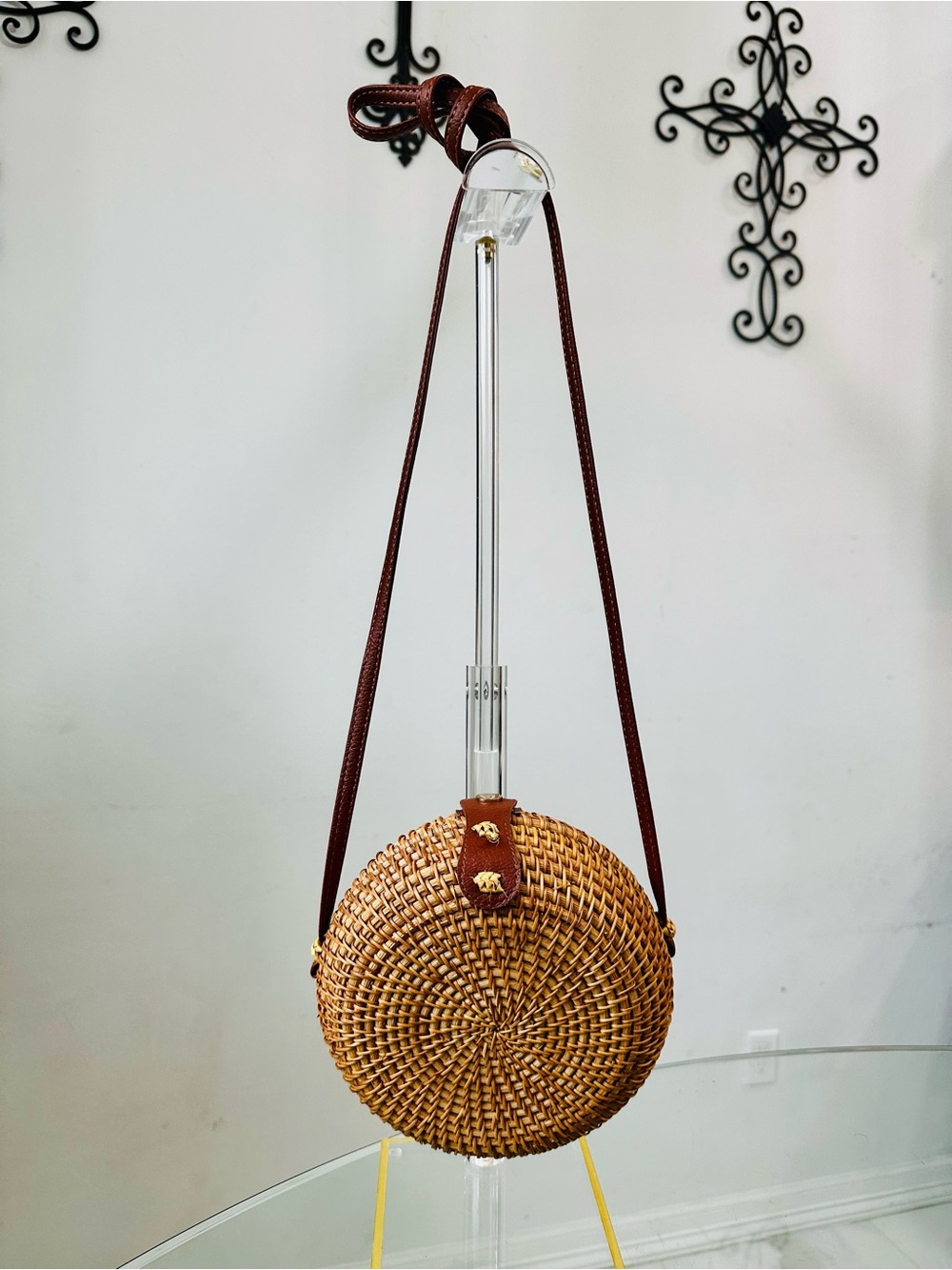 Round Woven Crossbody Bag in Tan with Brown Strap